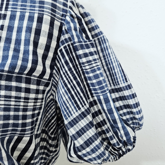 J. Crew Puff Sleeve Wrap Top Patchwork Indigo Blue Cotton Medium - Picture 5 of 10